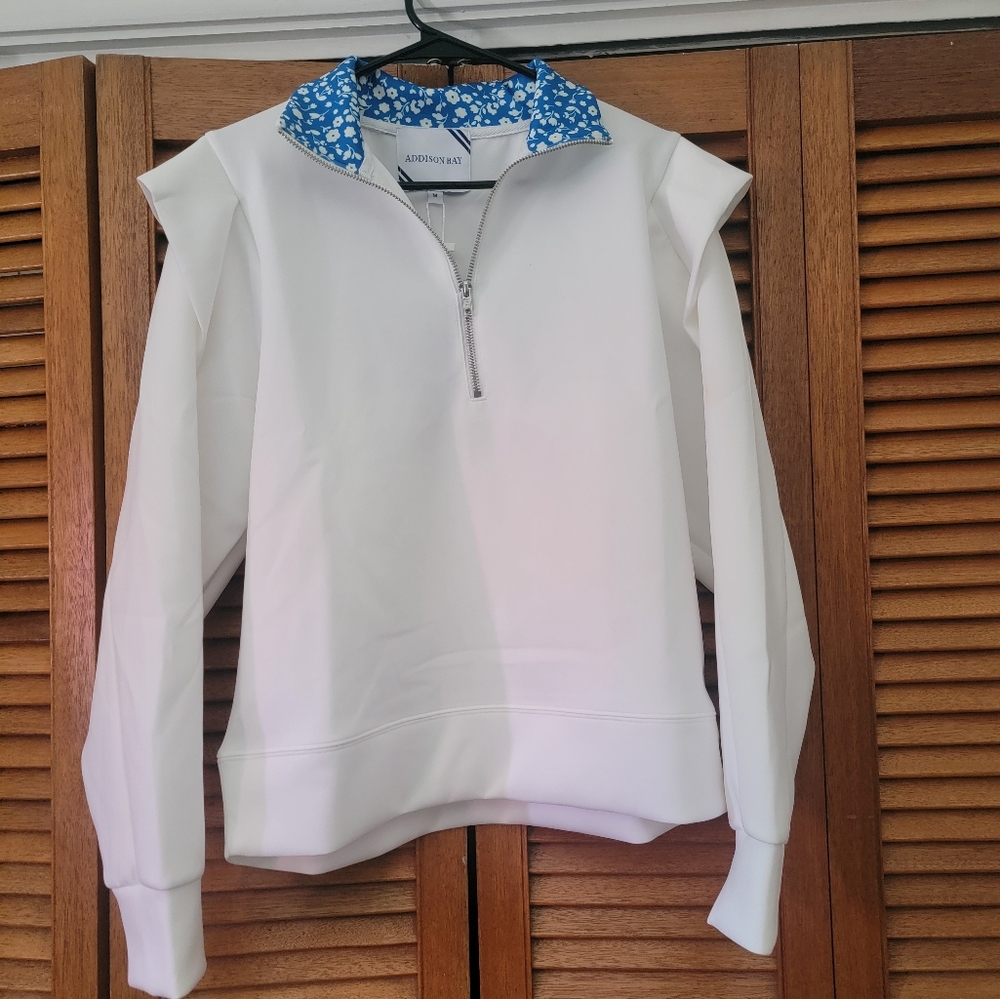 White Madison bay pullover with floral collar NWT